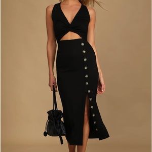 Trend Seeker Black Ribbed Twist-Front Cutout Midi Dress Medium